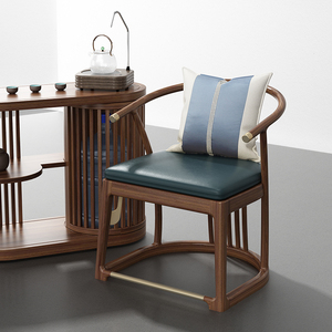 新中式轻奢黑胡桃实木主人椅豪华霸气茶桌现代单人茶椅真皮泡茶椅