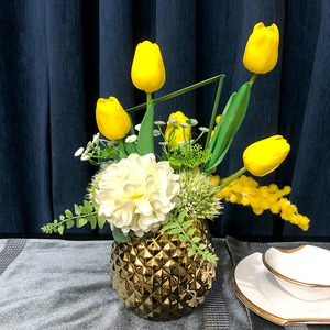 轻奢桌花仿真花摆件金色陶瓷花瓶装饰花插花餐桌假花客厅茶几花艺