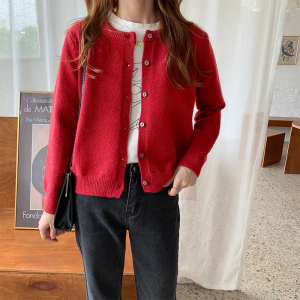 秋冬新年红色针织开衫韩系宽松毛衣外套女软软糯糯叠穿内搭新款潮