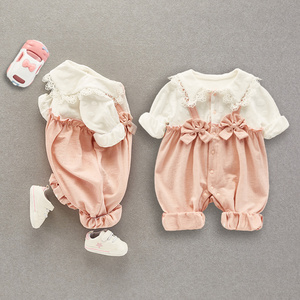 六月婴儿衣服秋装女宝宝连体衣春秋套装可爱公主新生儿满月装洋气