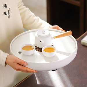 粗陶茶盘家用茶海沥水拖盘陶瓷圆形排储水盘轻奢高档干泡茶具茶台