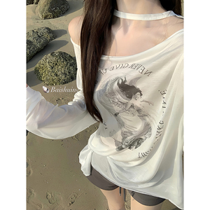 白水女【慵懒垂垂衫~】印花长袖T恤女夏季气质宽松韩系一字肩上衣