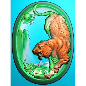虎牌精雕图jdp圆虎下山浮雕图玉雕松树虎 老虎 下山虎 山水虎