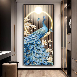 孔雀入户玄关装饰画现代简约竖版背景墙壁画走廊过道晶瓷镶钻挂画