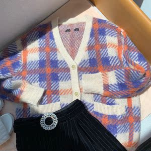 miu家马海毛开衫2021早秋新品蓝紫格纹v领长袖宽松针织毛衣外套女