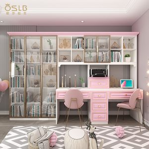 现代简约轻奢双人儿童书桌书柜一体女孩家用学习桌实木定制大容量