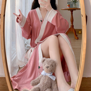 睡袍睡衣女春秋款长袖纯棉长款水蜜桃玫红色性感和服高级感家居服