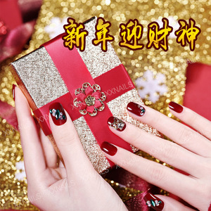中国风美甲甲片成品大红色老虎新年结婚中长穿戴假指甲贴片女短款