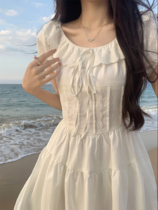 一颗甜桃yikett《少女与海》夏季连衣裙女短袖a字花边白色短裙子