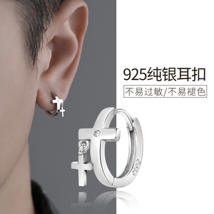 S925纯银十字架耳环单只耳钉男新潮高级感个性男士耳圈耳扣耳饰