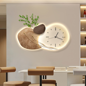 餐厅装饰画钟表挂钟饭厅石来运转发光2024新款创意客厅挂画壁灯画