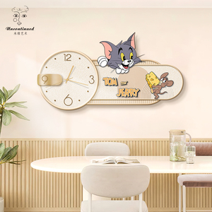 ins奶油风猫和老鼠餐厅装饰画卡通创意挂钟客厅饭桌时钟表壁挂画