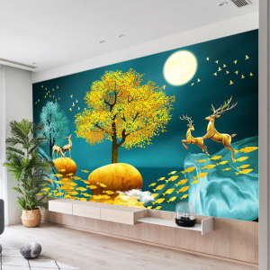 3d立体客厅电视背景墙壁画轻奢现代简约墙布8d网红麋鹿影视墙壁纸