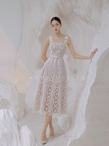 越南小众设计师夏季新品镂空性感白色吊带长裙修身连衣裙A043