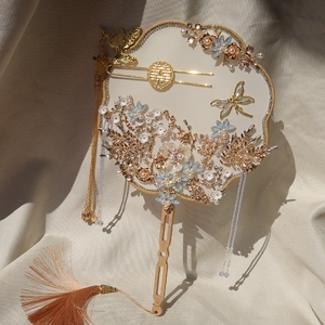 结婚却扇中式手工冰蓝色喜扇新娘秀禾服 婚礼团扇出嫁扇diy材料包