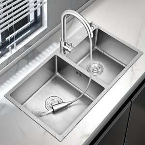 德国水槽洗菜盆双槽厨房304不锈钢家用洗碗池纳米银嵌入式水盆