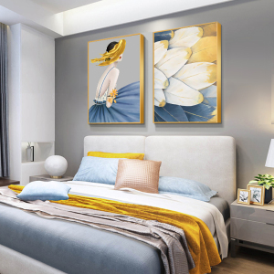 蓝色羽毛床头画卧室装饰画现代简约温馨客厅挂画轻奢主卧房间壁画