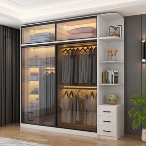 推拉门衣柜北欧现代简约玻璃整体经济型卧室滑移门收纳柜子大衣橱