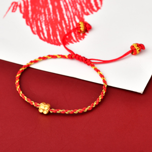 屹笙足金四叶草手链女生黄金幸运草手镯简约小众手工红绳编织闺蜜