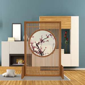 中式正对大门玄关屏风隔断实木格栅纱画单位客厅遮挡装饰定制座屏