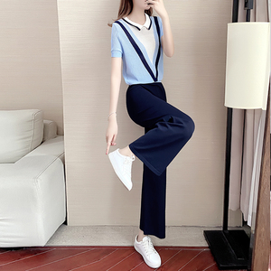 阔腿裤套装女2022新款夏季冰丝短袖女士镂空气质时尚休闲两件套潮