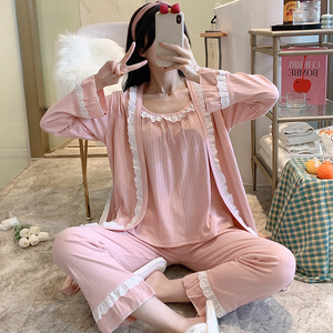 芬怡罗丽丝睡衣女春秋2021新款三件套装纯棉长袖吊带睡袍冬家居服