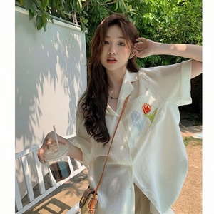 日本代购evris 刺绣雪纺衬衫女2024夏季新款设计感酷甜美短袖上衣