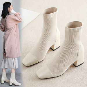 000人付款淘宝粗跟短靴女高跟鞋春秋2021年新款米色弹力针织中筒加绒