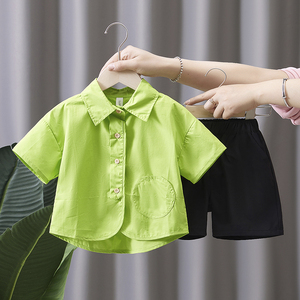 男童衬衫套装2024新款儿童休闲短袖衣服宝宝痞帅夏季绿色两件套潮