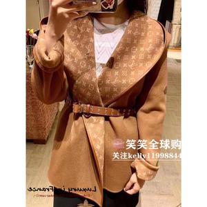 法国代购lv/路易威登2020新款女装焦糖色老花羊绒大衣束腰外套女