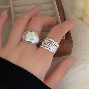 S925纯银缠绕线条开口重工戒指女独特设计小众冷淡风夸张指环