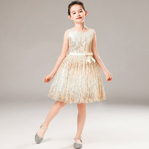 女童晚礼服金色亮片公主裙蓬蓬裙儿童舞台走秀钢琴小提琴演出服春