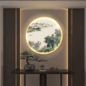 中式圆形国画山水画走廊过道挂画餐厅装饰画客厅画led灯画玄关画