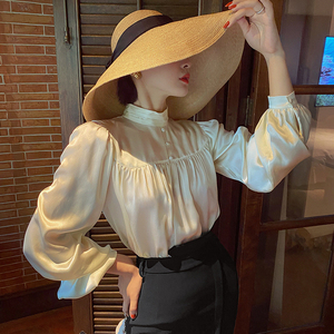 xiaoli大小姐宫廷高端真丝长泡泡袖衬衫2022春夏法式小众打底上衣