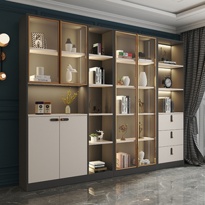 简约现代轻奢大玻璃门全墙书柜北欧整面墙带门落地书房客厅书橱