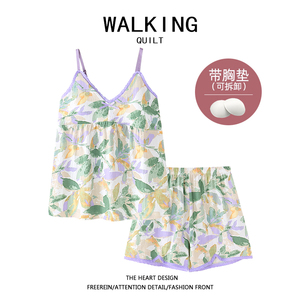 WALKING 不用穿内衣自带胸罩睡衣无袖坎肩薄款夏家居服两件套短裤