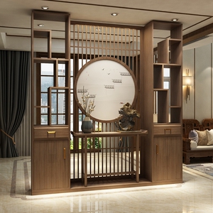 新中式胡桃木实木屏风隔断客厅进门玄关柜大厅背景墙电视柜办公室