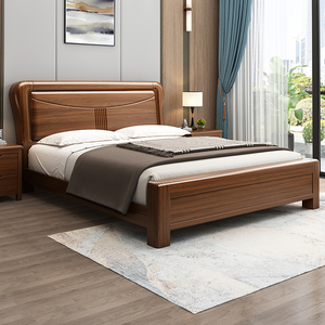 百洛斯中式胡桃木主卧实木床现代简约加厚1.8米双人床储物高箱床