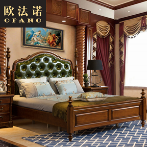 美式软包皮床双人床全实木主卧大床1.8米卧室家用绿色家具1.5米