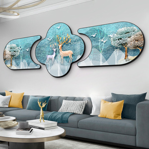 高级感大气福鹿客厅装饰画北欧简约圆形三联画高档沙发背景墙挂画