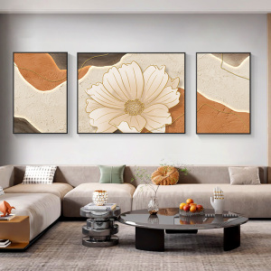 现代轻奢客厅装饰画立体花朵侘寂风抽象肌理画三联沙发背景墙挂画