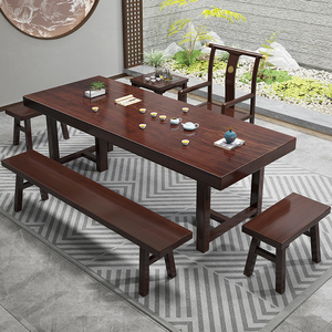 实木大板茶桌椅组合原木泡茶桌新中式禅意茶室配长板凳功夫茶台