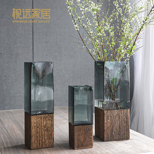 新中式实木花瓶摆件客厅插花玻璃干花富贵竹落地大装饰轻奢水培
