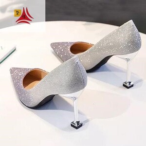 尖头晚礼服高跟鞋宴会少女公主鞋裙子高跟鞋黑色学生中跟工作礼服