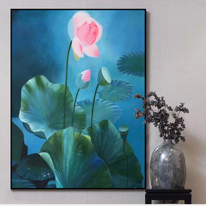 新中式蓝色荷花手绘油画玄关装饰画现代简约客厅莲花挂画竖版花卉