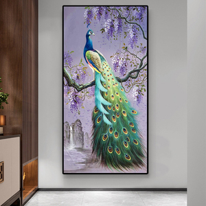紫气东来孔雀油画玄关画手绘轻奢高端巨幅装饰画客厅写实手工挂画