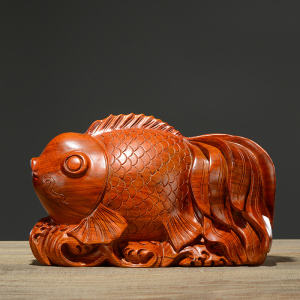 花梨木雕金鱼摆件实木质年年有鱼家居客厅装饰红木雕刻工艺品送礼