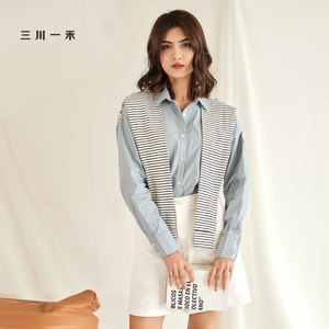 三川一禾品牌直营 春装新品 女士拼条休闲衬衣
