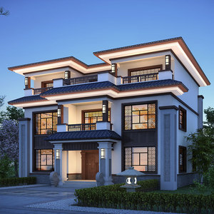 c508三层新中式复式挑空别墅设计图纸新农村自建房建筑效果图全套