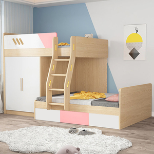 交错式榻榻米上下床错位型双层床带衣柜粉色儿童高低子母床带书桌